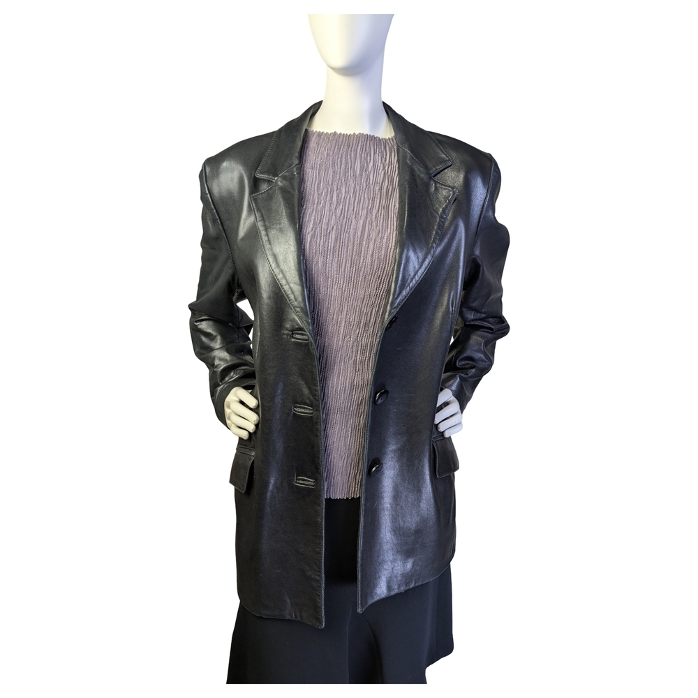 Vintage 90s Danier Minimalist Black Lamb Leather Blazer Jacket | Size M/L - Picture 4 of 9